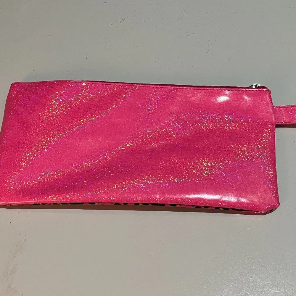 NWT Justice adorable pink lepoard sparkly bikini bag with zipper